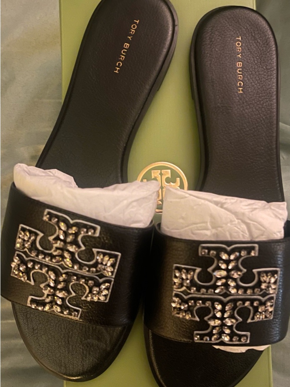 Tory Burch Black Leather Slide Sandals with Crystal Logo